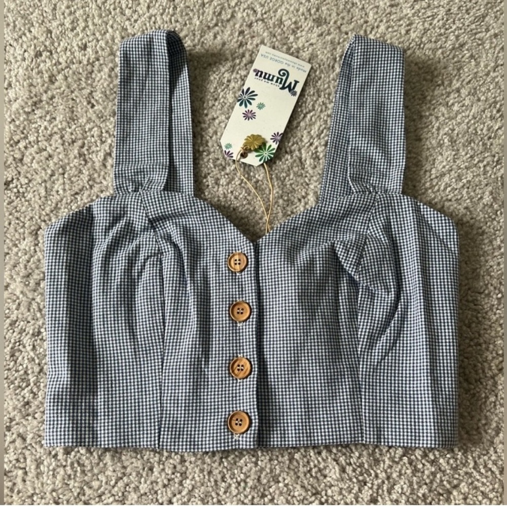 Show Me Your Mumu Debbie Gingham Stretch Crop Top Blue Check Small NWT
